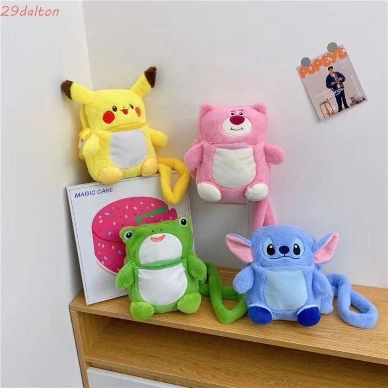 Túi Đeo Chéo Hình Gấu Dâu, Ếch Cốm, Pikachu Thú Nhồi Bông Có Khóa Kéo