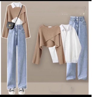 Set baggy jeans ống suông 2nút+áo đắp chéo+sơ mi