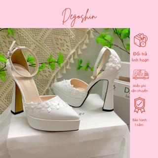 Giày cưới, giày cao gót Barbie mũi nhọn đính hoa nhỏ xinh da nhũ kim tuyến 13cm trơn Degoshin.