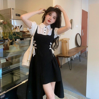 Set hai mảnh áo sơ mi croptop viền ngực váy hai dây -set yếm thắt dây eo khoét hở đùi phong cách hàn quốc