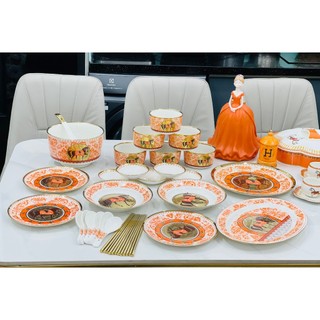 Bộ bát đĩa sứ Decor, Chén dĩa dễ thương, Bộ chén dĩa hoạ tiết ngựa La Mã màu cam 26 món siêu đẹp, Khay mứt tết, Hộp giấy