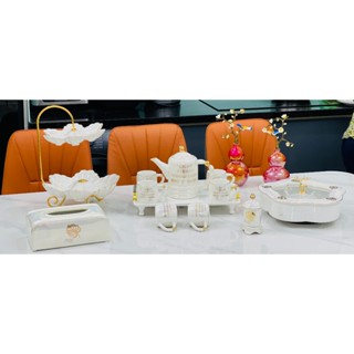  Bộ ấm chén sứ Decor Bộ bình trà Kệ 2 tầng màu trắng viền vàng ánh trai cao cấp siêu đẹp 