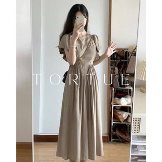 [Sẵn] V313 Đầm váy dài trơn nâu khoét lưng tiểu thư nhẹ nhàng xuân hè phong cách Pháp Retro Vintage Taobao mới 2024
