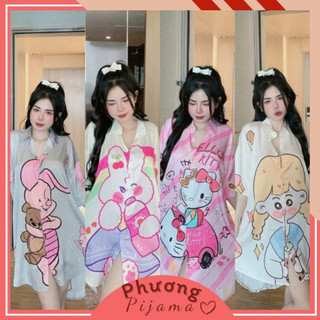 Đầm váy sơ mi mặc ngủ hoạt hình siêu dễ thương, lụa xước mềm