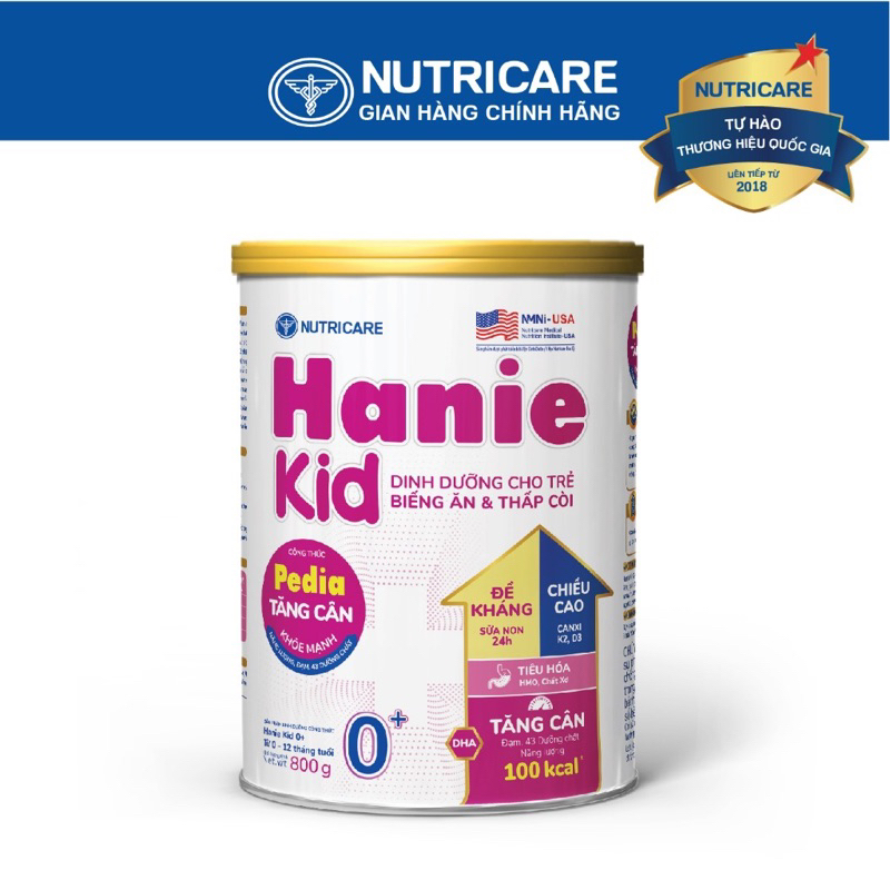 Sữa bột Nutricare Hanie kid 0+ cho trẻ biếng ăn và thấp còi 800gam