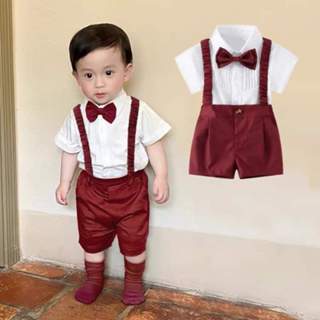 Quần yếm đỏ và áo trắng kèm dây đai thun và nơ cổ phù hợp chụp ảnh thôi nôi, Noel, Tết cho bé trai (8-21Kg) - Vải kate