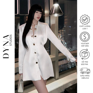 Váy lụa dài tay cổ vạt sơ mi dáng V xẻ sâu 𝐀𝐒𝐇𝐘𝐋𝐄𝐘 phối cúc vàng sang trọng