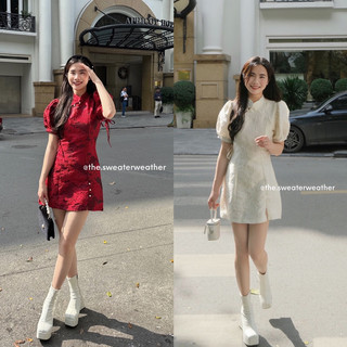 Váy gấm đính ngọc tay bồng the.sweaterweather TSW (ảnh thật)