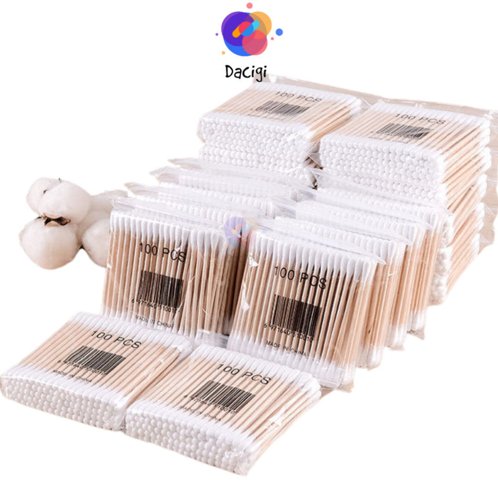 100 Tăm bông ngoáy tai, bông tăm ngoáy tai thân gỗ tre, bông ngoáy tai khử trùng - Dacigi