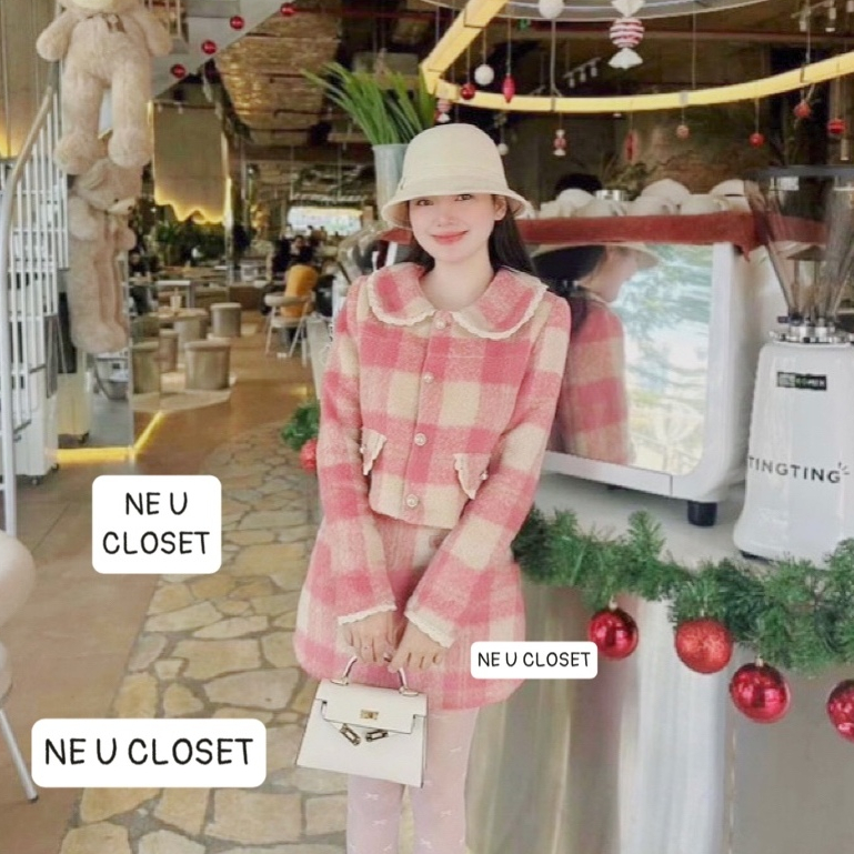 [SET THIẾT KẾ] [[CÒN HÀNG - IB SHOP]] Set 2 chi tiết dạ kẻ hồng loang kẻ phối ren set diện Tết áo dạ