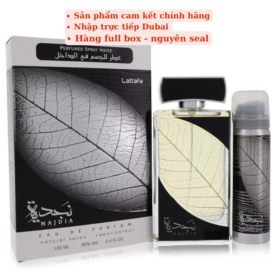Nước hoa dubai nam Najdia lattafa tươi mát, ngọt ngào trẻ trung, năng động 100ml + chai xịt body 50c