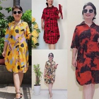 Size L, XL, 2XL, 3XL - Váy Đầm Trung Niên - Kiểu Sơ Mi - Vải Lụa Đũi Co Giãn, Có Thêm Dây Thắt Lưng