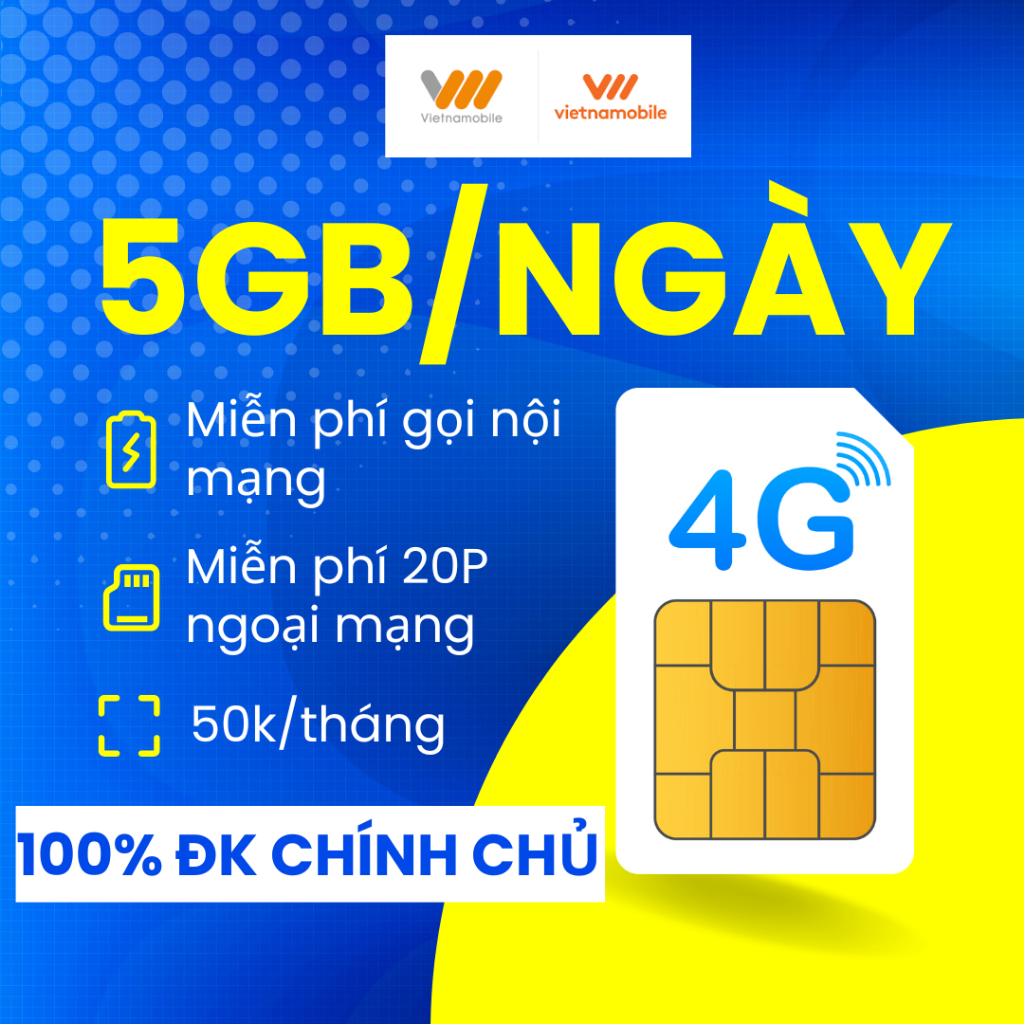 Sim 4G, Sim data Vietnamobile 5GB/ngày cước 50k/tháng, sim mạng đk chính chủ, tặng que chọc sim