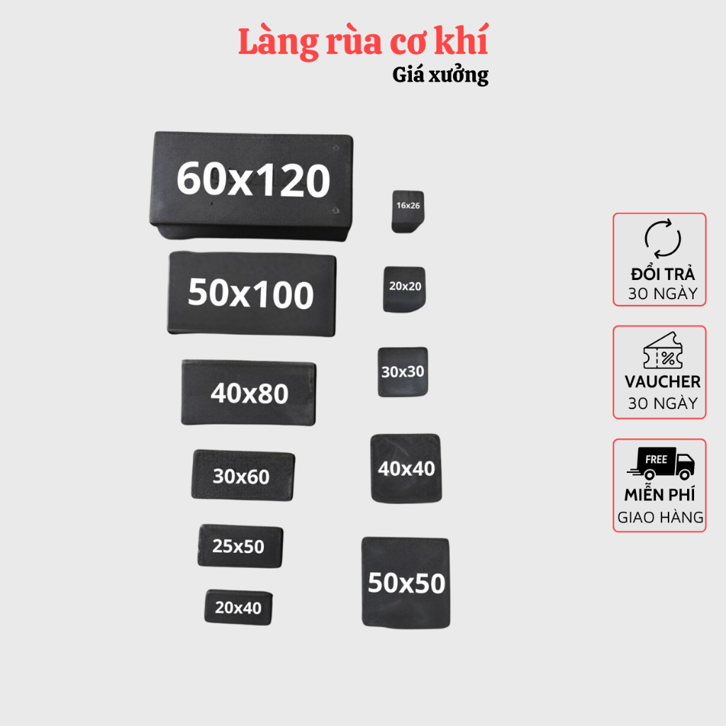 Đầu bịt sắt hộp bên trong bằng nhựa, nút bịt đầu ống cao cấp, nắp chụp đầu phi nhiều size