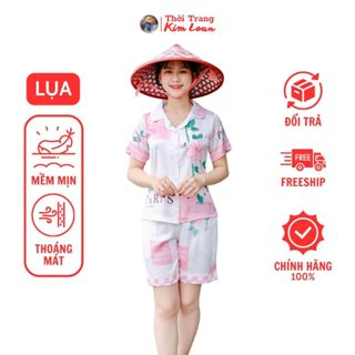 [L48] - Đồ bộ đùi Pijama nữ màu hồng hoạ tiết hoa lá, chất liệu lụa Latin cao cấp - Thời Trang Kim Loan