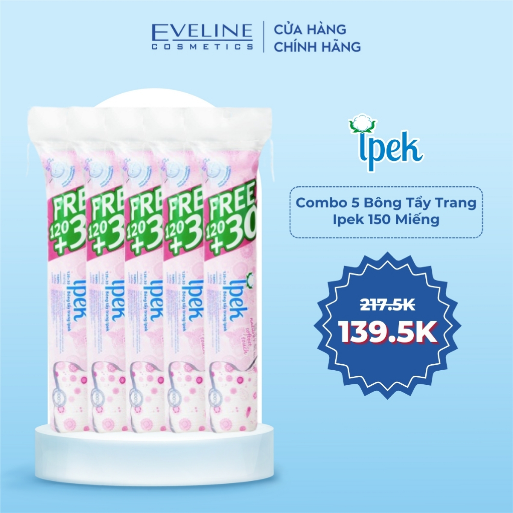 Combo 5 Bông Tẩy Trang Ipek 150 Miếng Cotton Siêu Mềm Mịn An Toàn Cho Da 