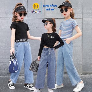 Quần jean ống suông bé gái FAMBY quần bò ống rộng cạp cao size đại cho bé từ 23-55kg QBOS