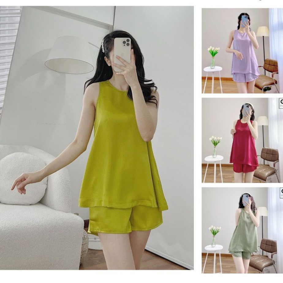 Bộ đồ lụa nữ nhiều màu, bộ sát nách mềm mát lụa ngoc trai rộng rãi mặc nhà đi chơi BN09