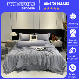 Bộ 5 món chăn ga gối phi lụa vân chìm LV cao cấp sang trọng , Bộ Ga giường chăn mền trần bông chất liệu thấm hút mồ hôi