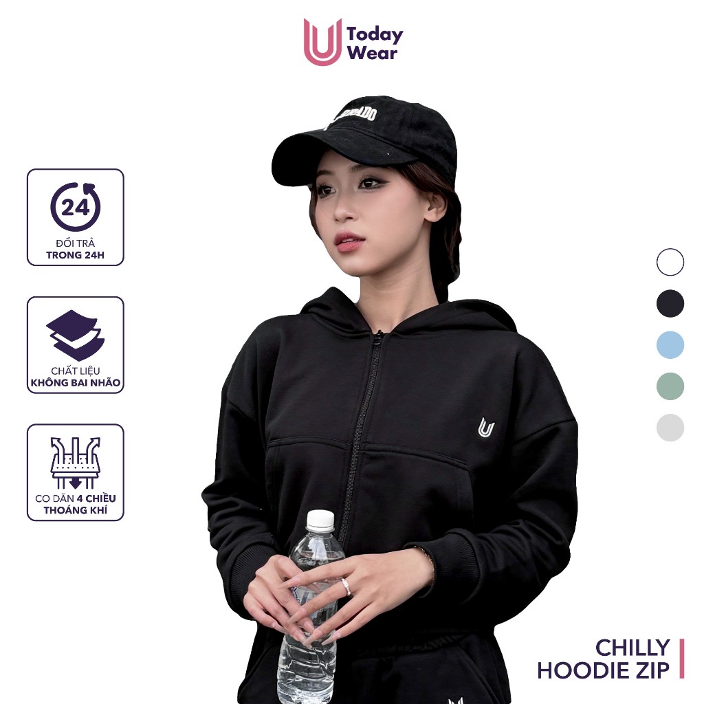 Áo khoác hoodie khóa zip Chilly tay dài form rộng thể thao nữ cá tính Today U Wear