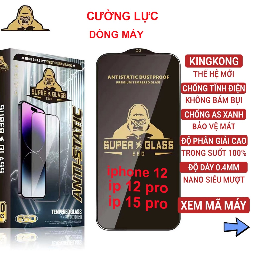 Kính cường lực iphone 12 / 12 pro (ô 2) / ip 15 pro (ô 9,1) super kingkong full màn / miếng dán