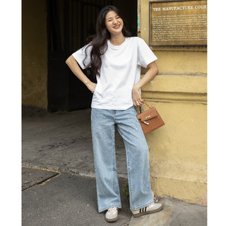 HASHTAGEM - Quần Jeans Nữ Loose Jeans Faded Blue LSJ.14 Ống Suông Rộng, Lưng Cao, Họa Tiết Rách, Màu Xanh Sáng