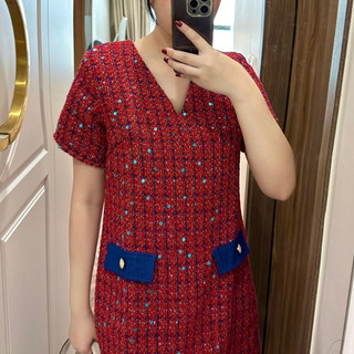 Đầm Vải Tweed Đỏ Caro Tay Ngắn Thanh Lịch - EDINI - D1638