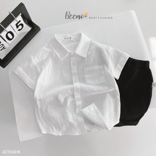 FOM TO - Áo sơ mi trắng đũi hàn cộc tay cổ đức - cổ tàu phối túi basic Beemo cho bé fom to