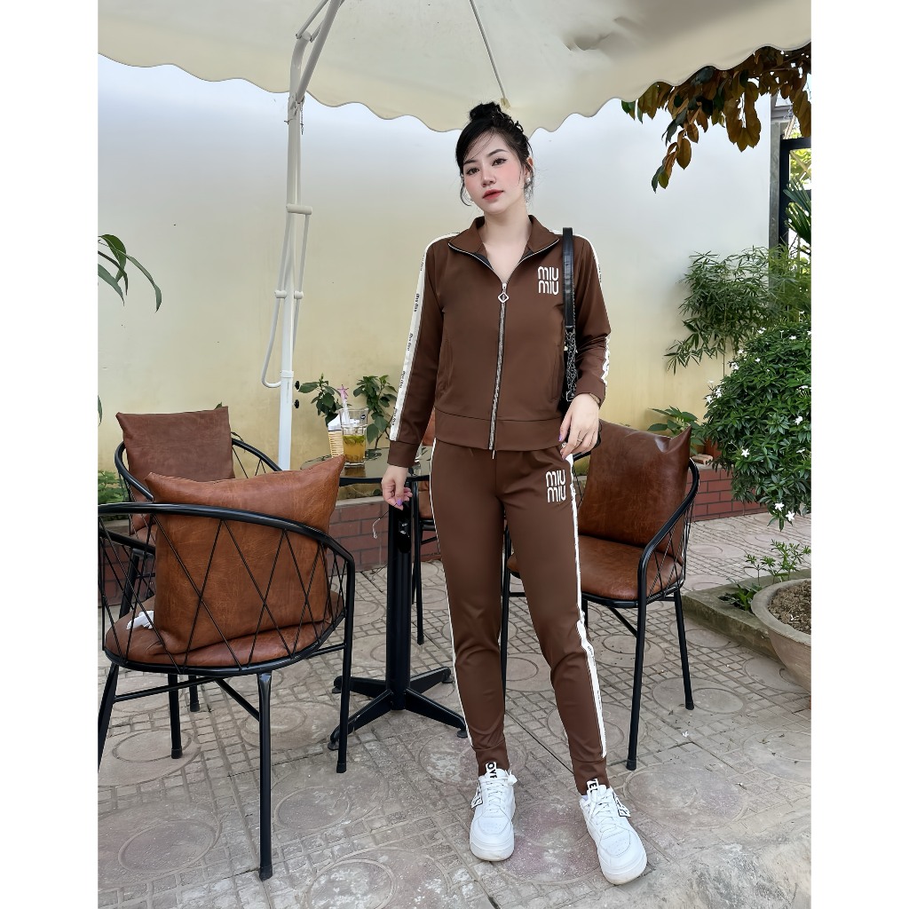 Bộ Nỉ tăm Cổ bẻ thêu chữ Miu , viền sọc , bo gấu nữ thu đông phong cách trẻ trung , năng động - quần áo huyền anh [09]
