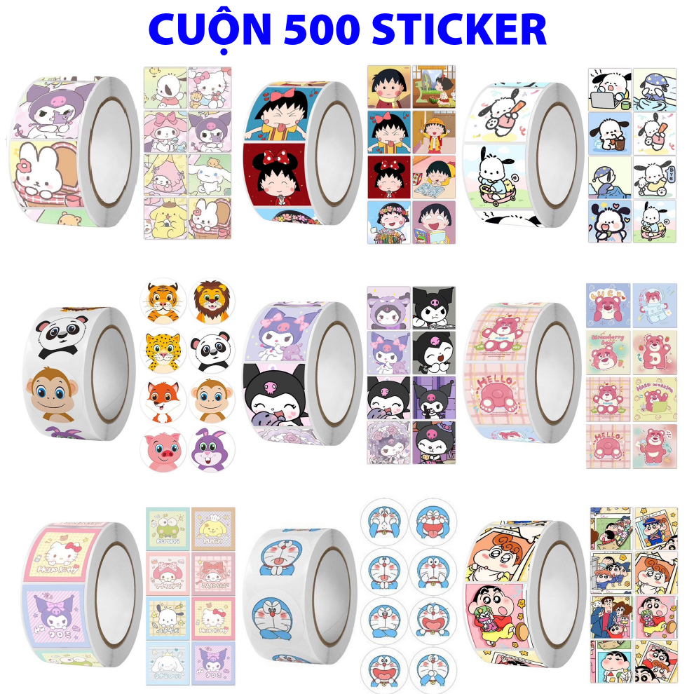 Cuộn 500 sticker khen thưởng hoạt hình ngộ nghĩnh, tem dán sticker gói hàng nhiều mẫu mã cute, set 5