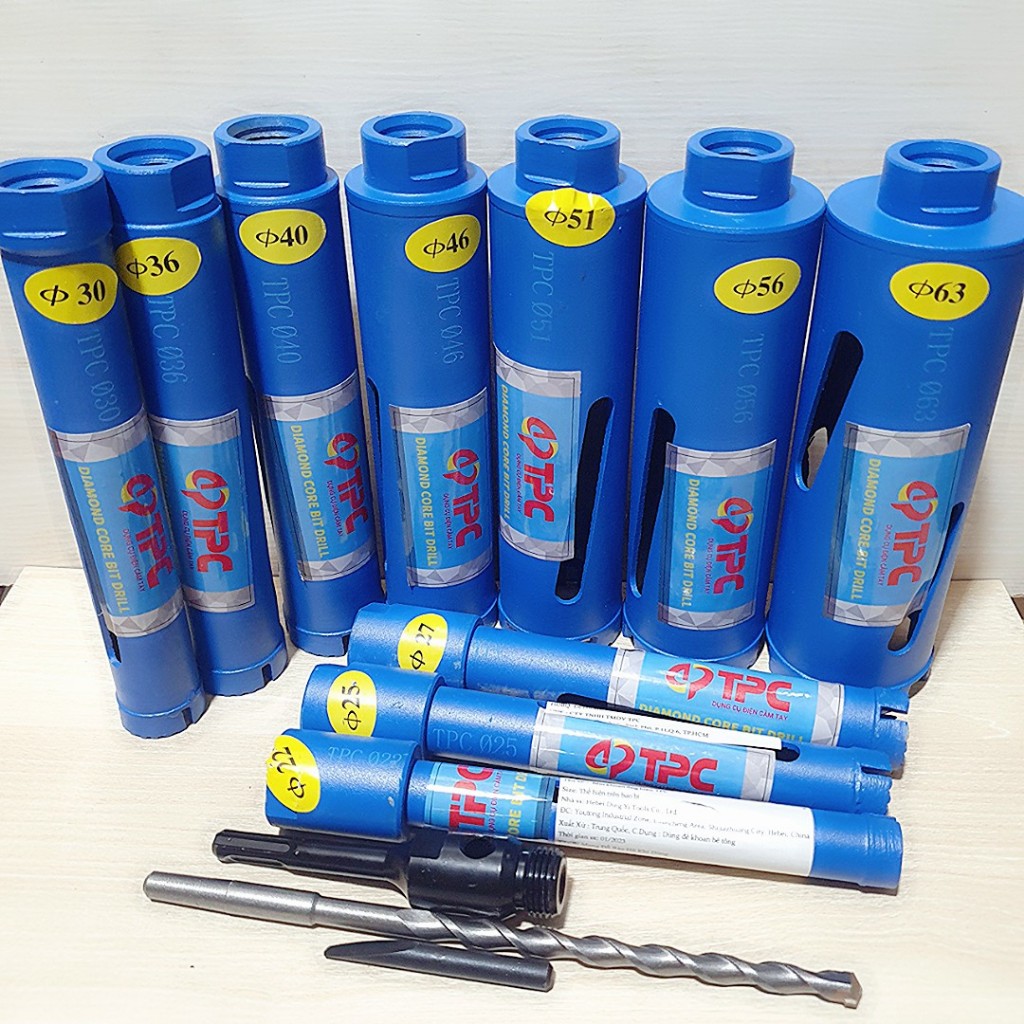 Mũi khoan rút lõi điện lạnh, kèm bộ chuyển đổi định tâm đui lục giác và đui Plus dài 200mm .22-63MM (TPC)