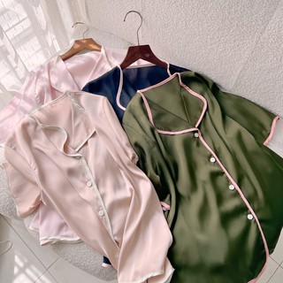 Maisleepwear bộ pijama áo tay ngắn quần ngắn phối viền lụa trơn mặc nhà ms1207