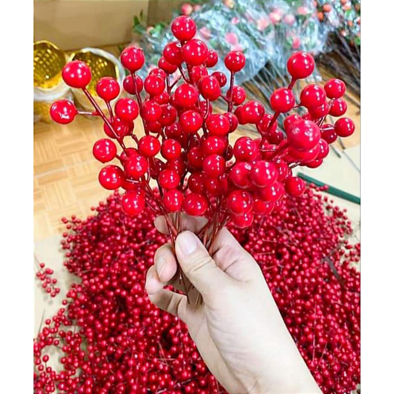 Nhánh đào đông loại 1 phủ cao su (cherry) 18cm gồm 12 quả, 12 quả trang trí decor...