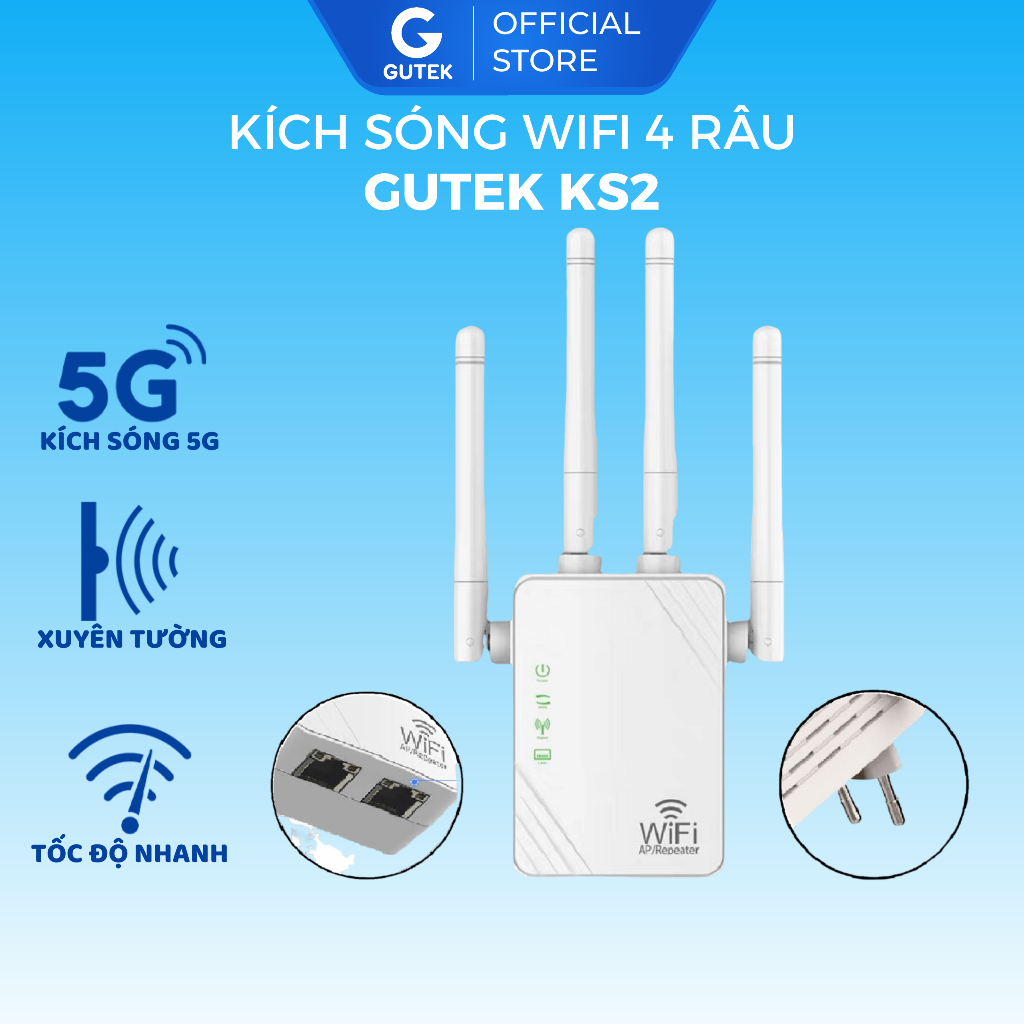 Bộ kích sóng wifi 4 râu tốc độ 300mbps 2 cổng RJ45 cắm trực tiếp dùng cho điện thoại laptop máy tính PC -  Gutek KS2