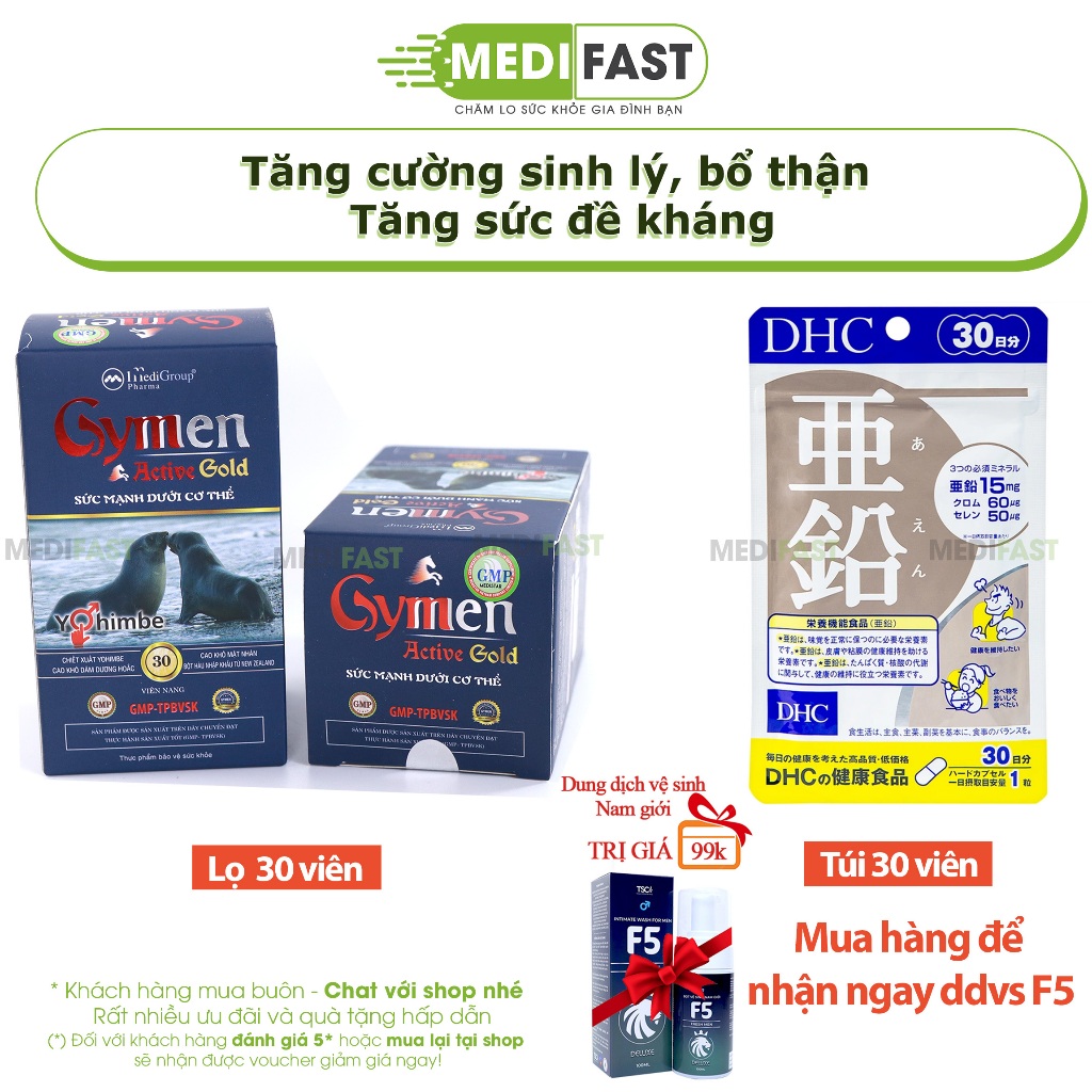 Combo Tăng cường sinh lý Gymen 30 viên và DHC Kẽm 30 viên - (Liệu trình 1 tháng) tăng cường sức đề kháng, bổ thận
