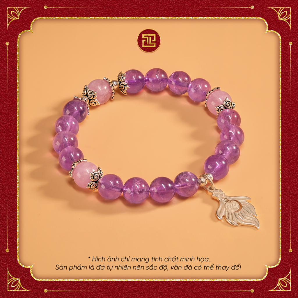 TINH LÂM Vòng Tay Phong Thủy Đá Thạch Anh Tím 8 Li 3A - Charm Long Vĩ