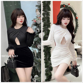 Đầm body cổ tròn tay dài phối lông thiết kế hở ngực sexy có sẵn mút
