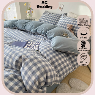 Cotton đũi| bộ chăn ga gối nệm cotton đũi 4 món kẻ sọc caro set vỏ chăn vỏ gối ga giường 4 món