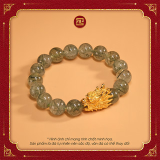 Tinh lâm vòng tay phong thủy đá thạch anh tóc xanh - charm kim long bọc vàng