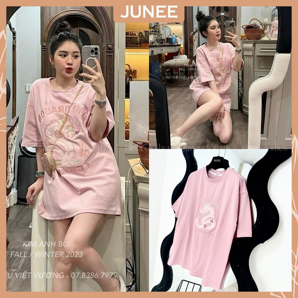 Áo Phông Nữ Họa Tiết Thêu Rồng Màu Hồng Chất Cotton L1 Áo Phông Nữ Dáng Rộng Freesize B401192