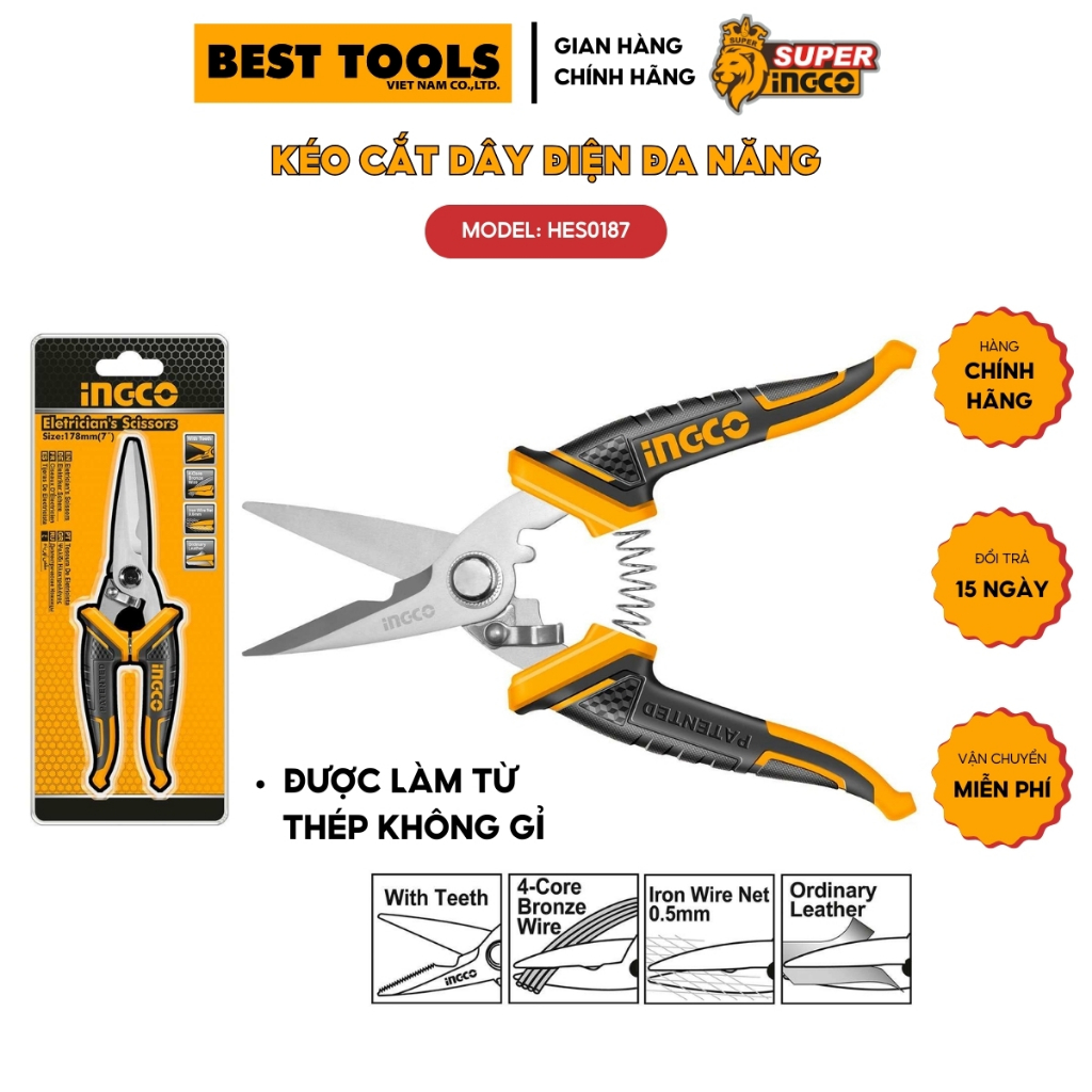 Kéo cắt dây điện cao cấp INGCO HES0187, chất liệu thép không rỉ.