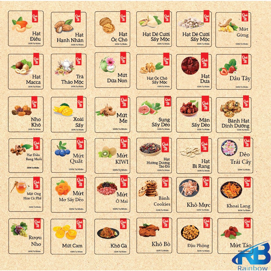 Set  30 Tem tết giấy karaft dán hộp, hủ, chai, lọ đựng mứt Tết, khô, hộp quà tặng.