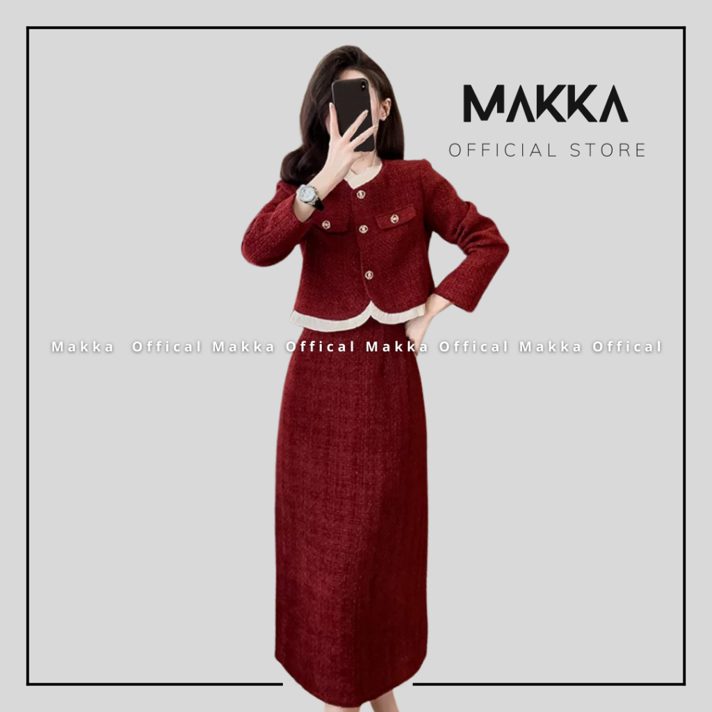 Set nữ MAKKA bộ áo dạ tweed 2 lớp phối tơ viền kèm chân váy 198