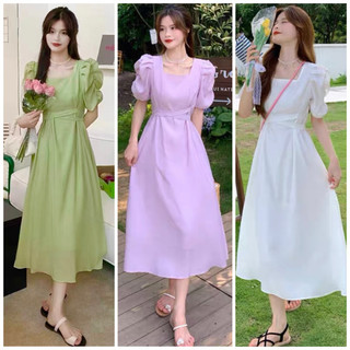 Đầm váy freesize midi tiểu thư tay phồng chéo eo 3 màu