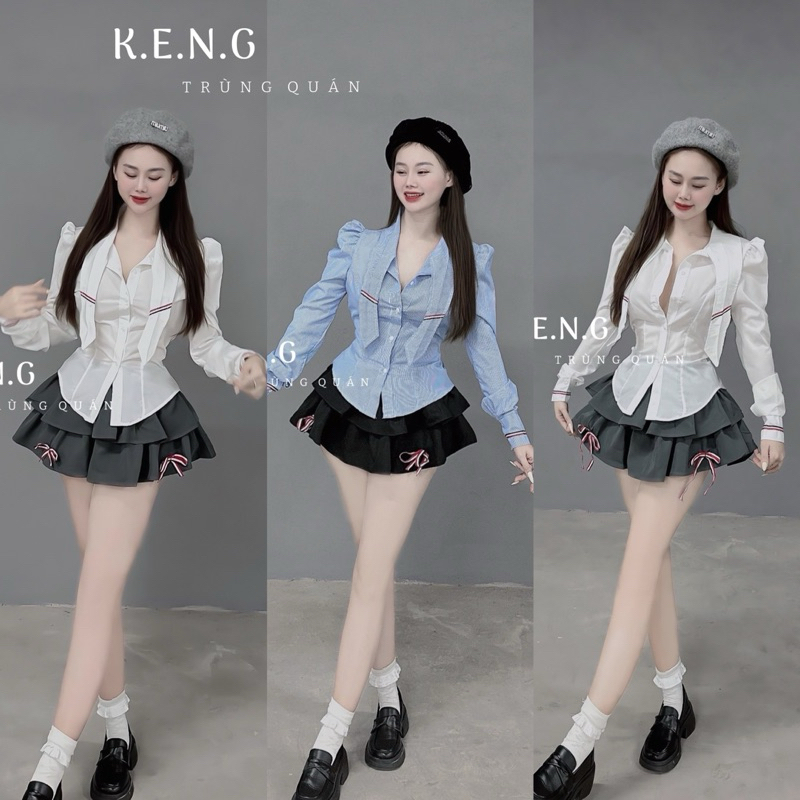 Set chân váy xoè phối nơ mix áo sơ mi cá tính trẻ trung