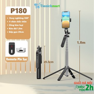 Gậy chụp ảnh tự sướng dài 180cm, giá đỡ điện thoại livestream, quay video P185 có remote bluetooth, 4 chân chắc chắn