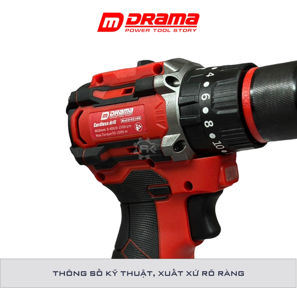Máy khoan pin DRAMA D5218B, 10mm, 3 Chức Năng, Không Chổi Than, Có KHOÁ TRỤC, Tặng túi vải