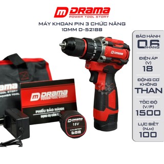 Máy khoan pin DRAMA D5218B, 10mm, 3 Chức Năng, Không Chổi Than, Có KHOÁ TRỤC, Tặng túi vải