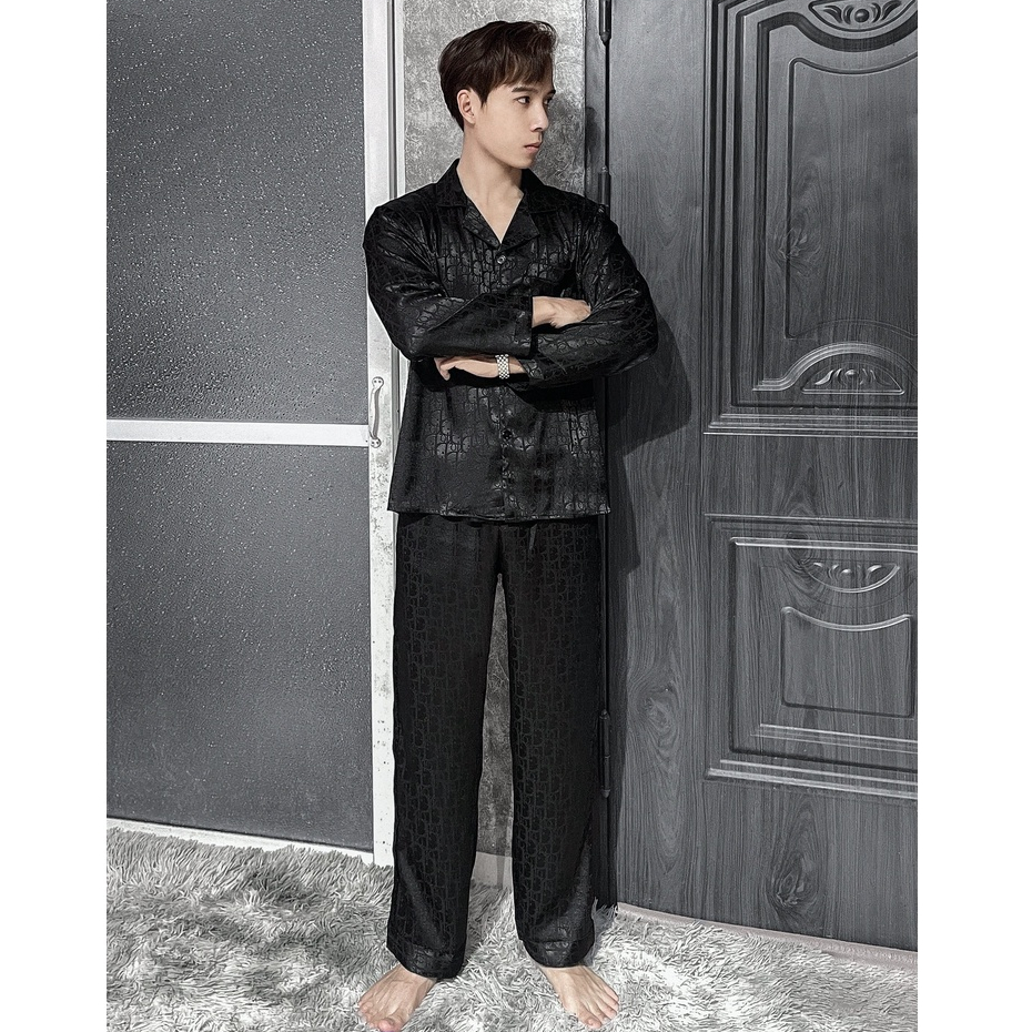 Đồ bộ nam pijama nam dài tay vải lụa gấm mềm mại, thoáng mát hoạ tiết sang chảnh D12 - Vodka Luxury