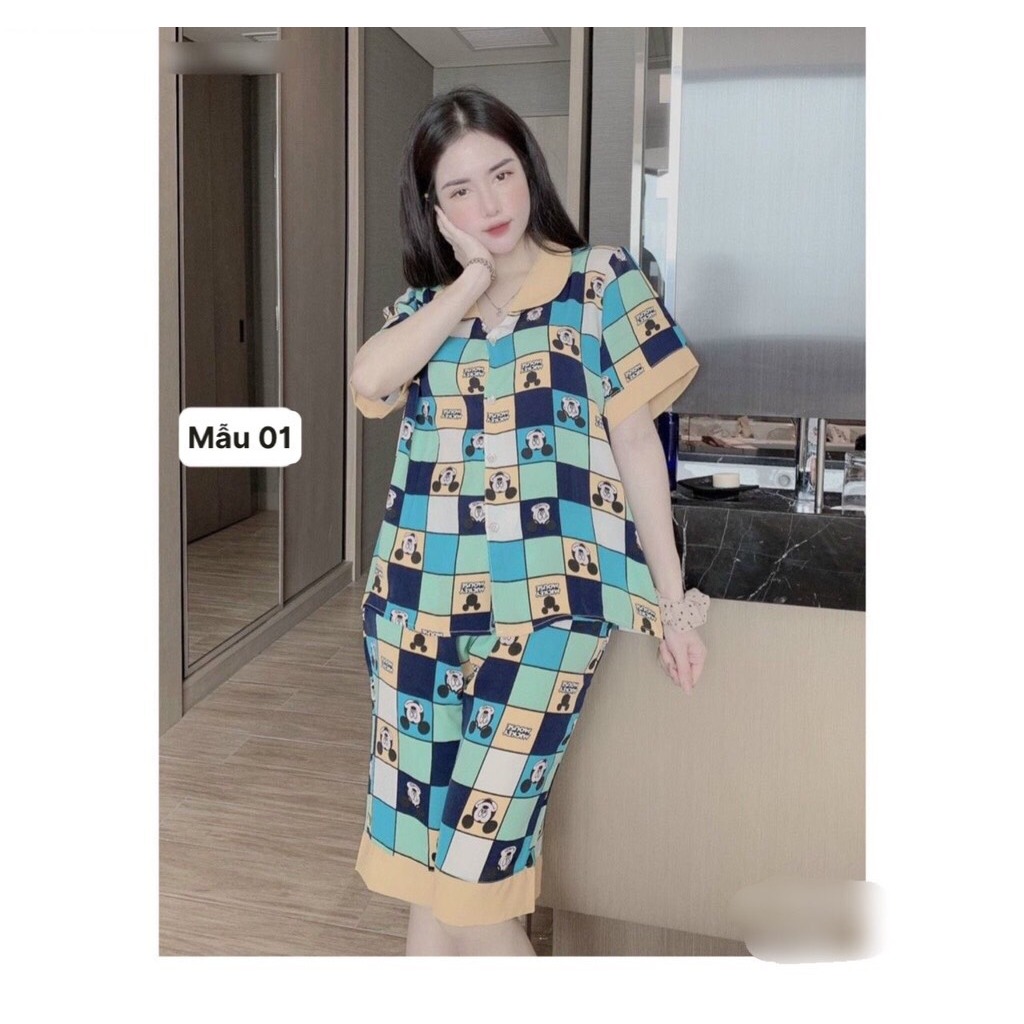 Đồ Bộ Lửng Nữ Cổ Sen Tay Bồng Hoạ tiết Nhẹ Nhàng , Pijama mặc nhà chất lụa mềm mịn